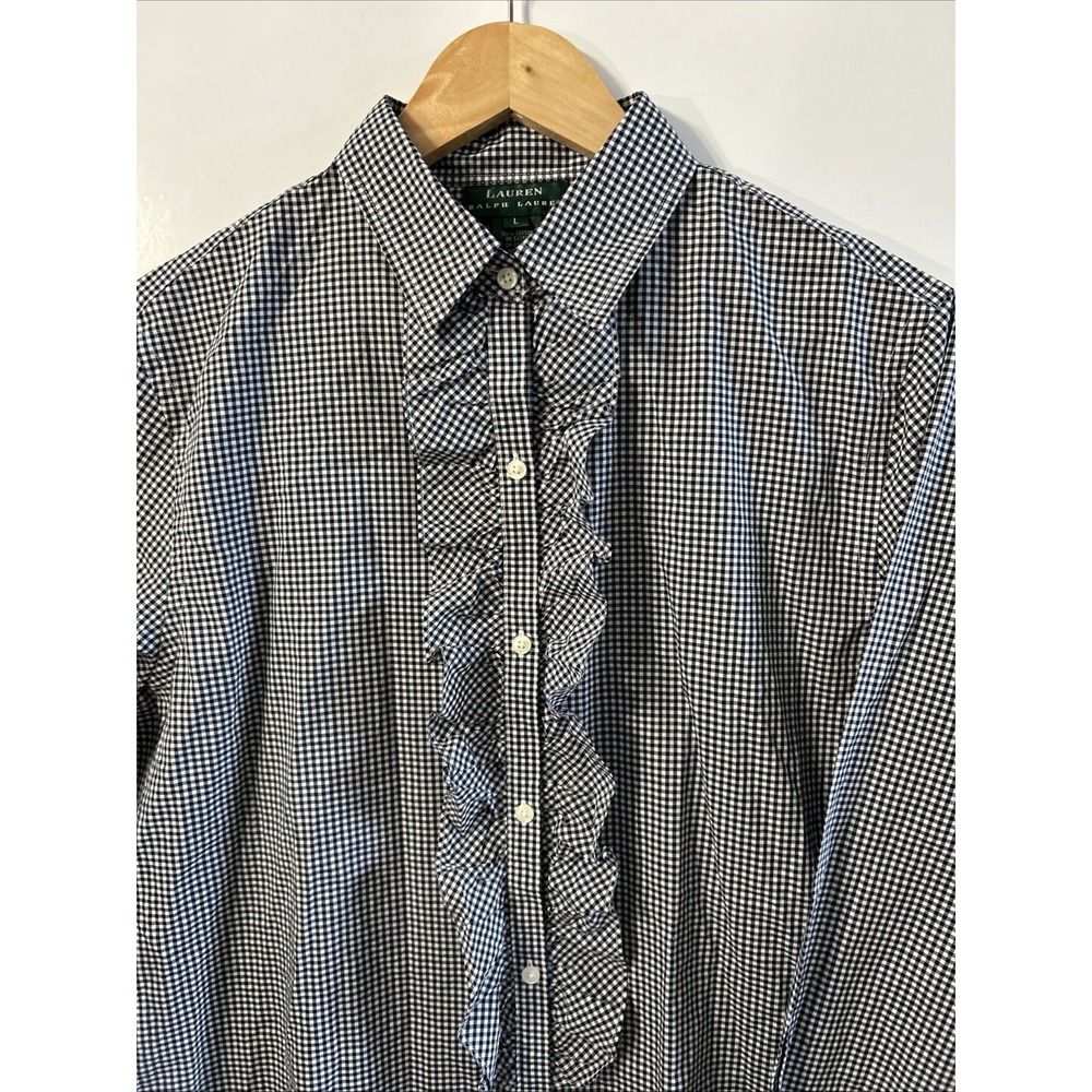 Women's Lauren Ralph Lauren Gingham Ruffle L/S Button Front Shirt Large Career